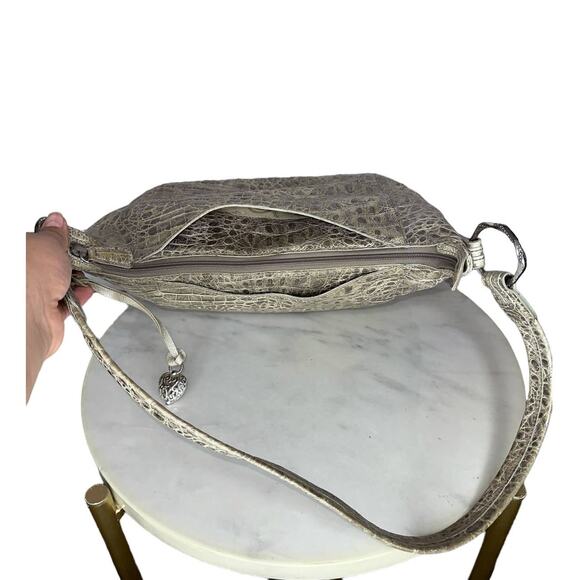 Brighton Croc Embossed Beige Green Metallic Hand Bag Hobo Shoulder Purse - Picture 8 of 11